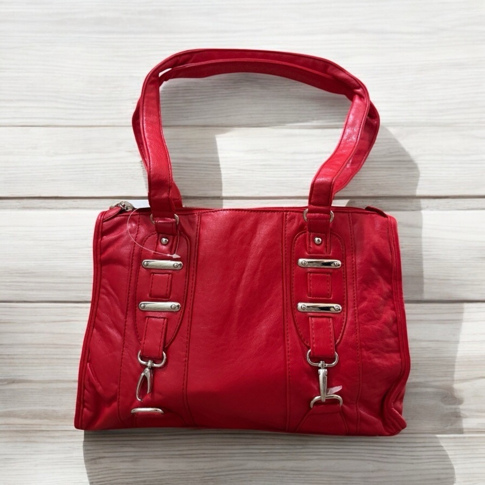 Bold Red Structured Shoulder Bag with Silver Hardware
